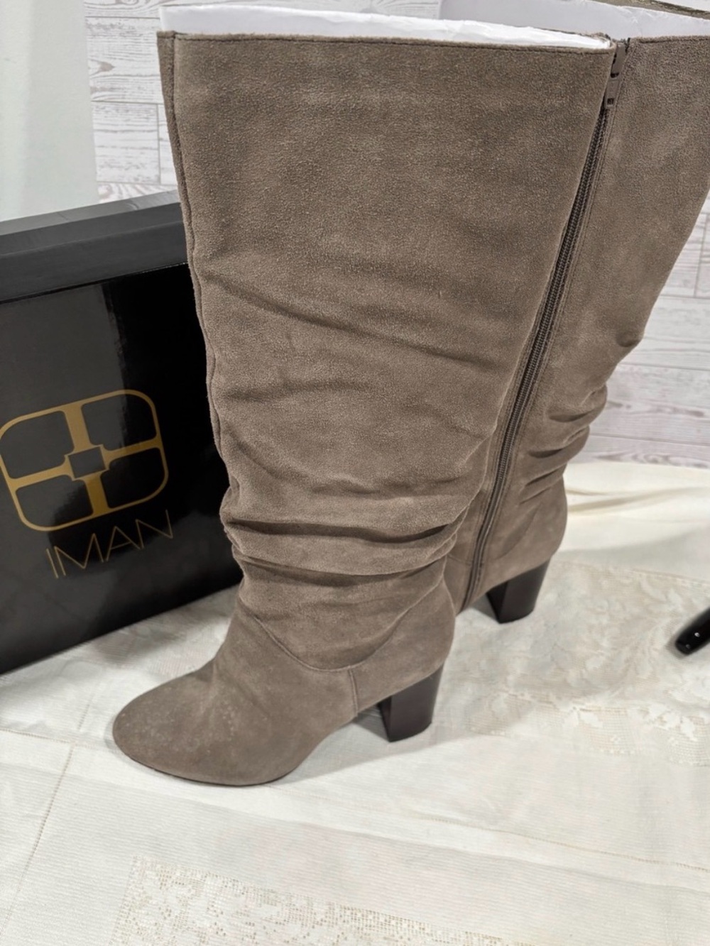 IMAN Taupe Suede Mid-Calf Ruched Boot with Block Heel
